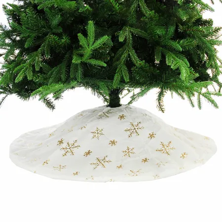 100cm white plush tree skirt - gold snowflakes