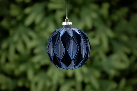 10cm navy flocked geometric segments glass ball