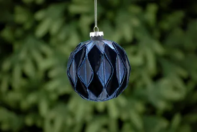 10cm navy flocked geometric segments glass ball
