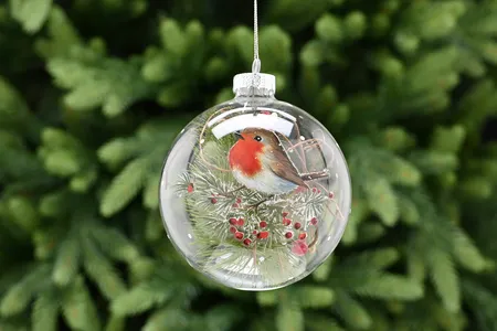 12cm clear glass ball with red breast robin
