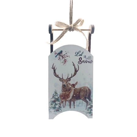 13Cm Hanging Wooden White Reindeer Sleigh