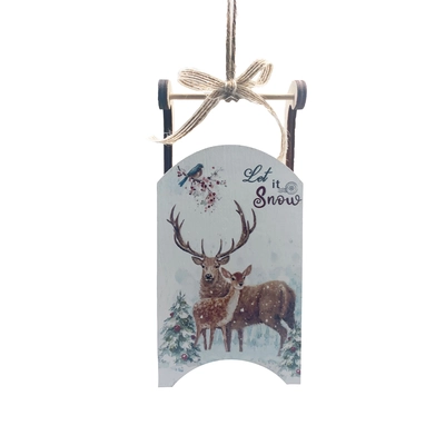 13Cm Hanging Wooden White Reindeer Sleigh