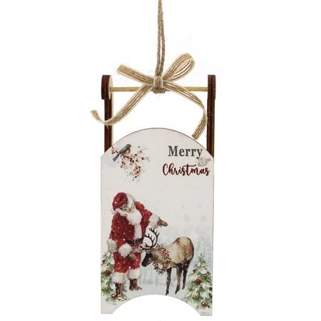 13Cm Hanging Wooden White Santa Sleigh