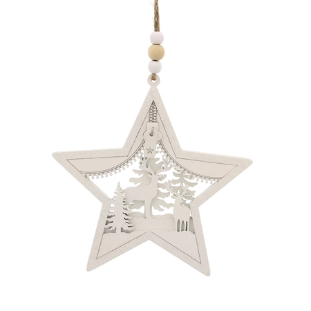 14Cm Hanging Wooden White Reindeer/Forest Star