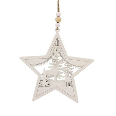 14Cm Hanging Wooden White Reindeer/Forest Star