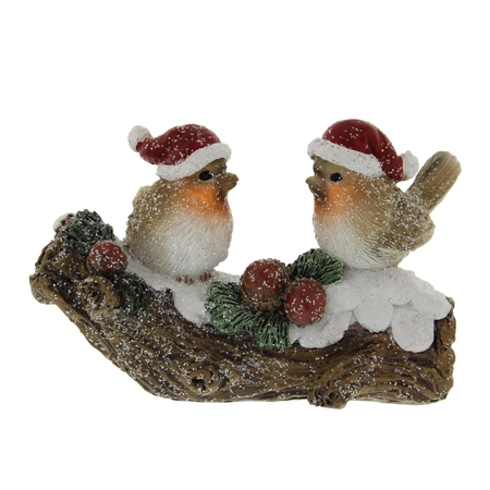15Cm Polyresin Robins Sitting On Snowy Log