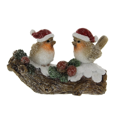 15Cm Polyresin Robins Sitting On Snowy Log