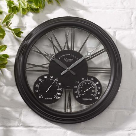 15in Exeter Wall Clock & Thermometer - Black - image 2