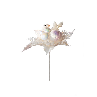 17Cm White Glitter Bird Pick