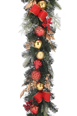180cm green garland with red/gold decorations
