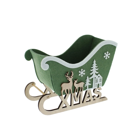 18cm green fabric sleigh with wooden XMAS
