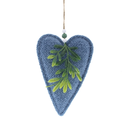 18Cm Hanging Blue Fabric Heart/Green Leaf