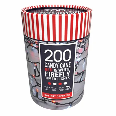 200 Candy Cane Red/White Firefly Timer Battery Lights
