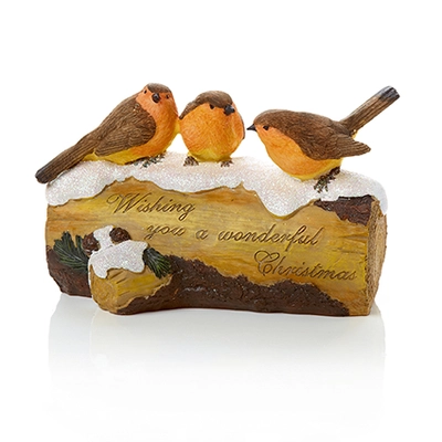 20cm 3 Robins on Log Ornament