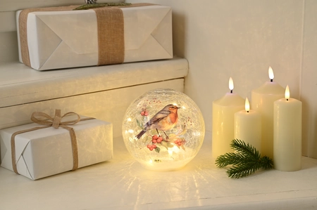 20Cm Bo Lit Crackle Effect Robin Branch Ball