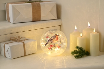 20Cm Bo Lit Crackle Effect Robin Branch Ball
