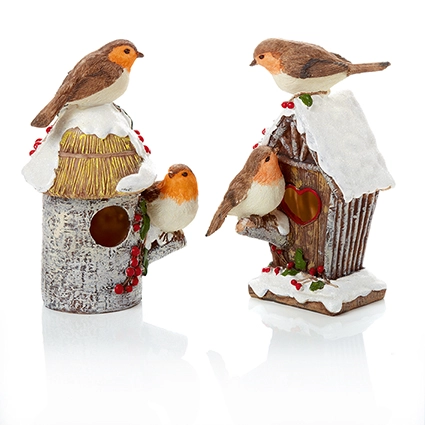 20Cm Polyresin Robin On Bird House 2 Asst
