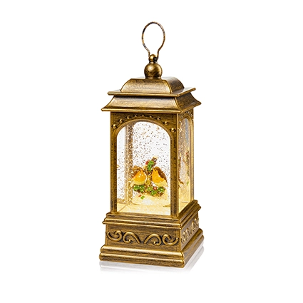 21Cm B-O Lit Robin Scene Glitter Lantern Water Spinner