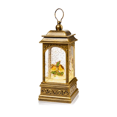 21Cm B-O Lit Robin Scene Glitter Lantern Water Spinner