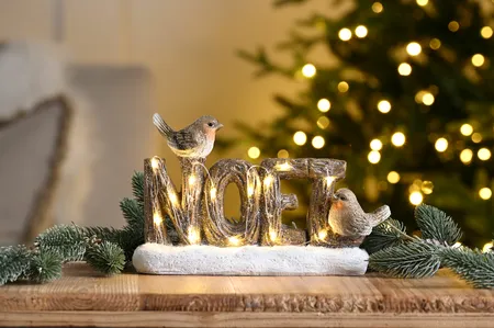 23cm bo lit polyresin robins perched on NOEL