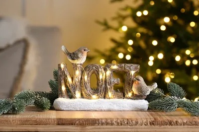 23cm bo lit polyresin robins perched on NOEL