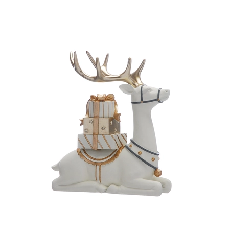 24cm polyresin white/gold sitting reindeer