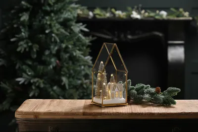 25cm bo lit glass house village scene