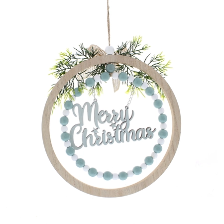 25Cm Hanging Wood Blue Merry Christmas Disc