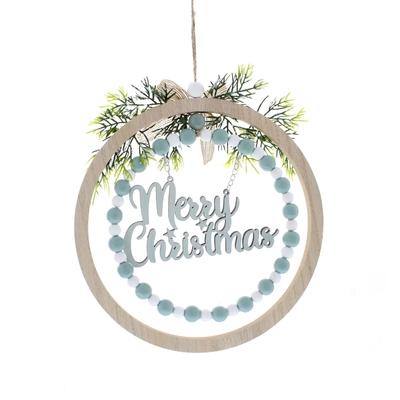 25Cm Hanging Wood Blue Merry Christmas Disc