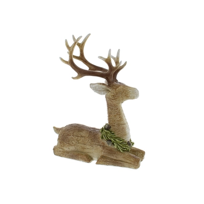 26cm wood effect sitting reindeer with wreath