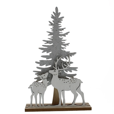 30Cm Wooden Glitter Gold Tree-Mum/Baby Deer