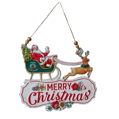 31Cm Hanging Metal Santa And Reindeer In Sleigh