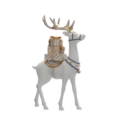 35cm polyresin white/gold standing reindeer
