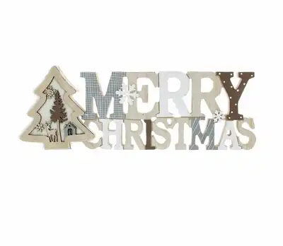 40Cm Grey/White Wooden Merry Christmas With Tree