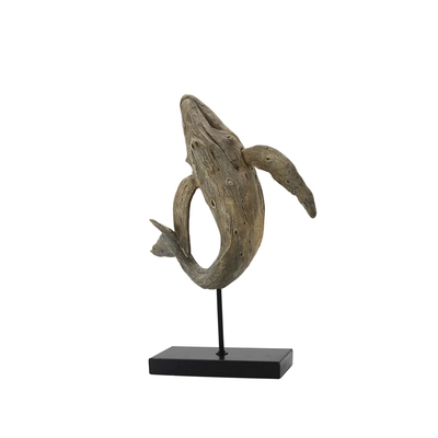 42cm wood finish polyresin whale on metal stand