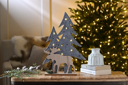 44Cm Bo Lit Grey Felt Double Tree/Stag On Base