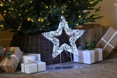 45Cm Lit Silver Shimmer Star On Stand - White Led