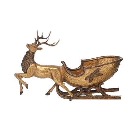 48cm antique gold reindeer pulling sleigh