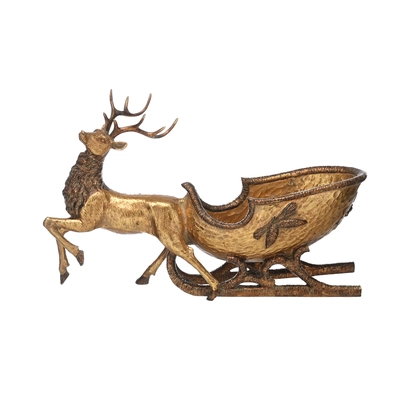 48cm antique gold reindeer pulling sleigh