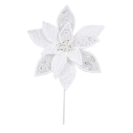 49Cm White Glitter/Sequin Poinsettia Stem
