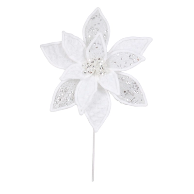 49Cm White Glitter/Sequin Poinsettia Stem