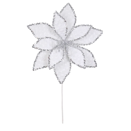 50cm white poinsettia stem - silver sequin edging