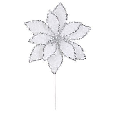 50cm white poinsettia stem - silver sequin edging