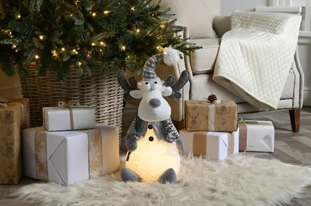 53cm bo lit sitting reindeer with grey jacket