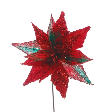 54cm red and tartan with glitter poinsettia stem