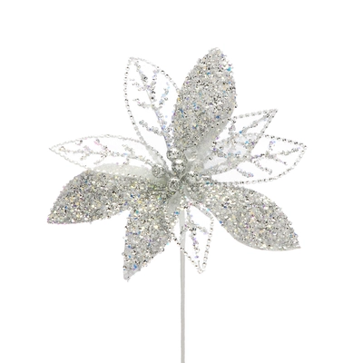 55cm silver chiffon / sequin poinsettia stem