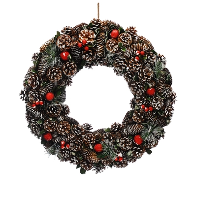 60Cm Red Ball And Berry Frosted Pinecone Wreath
