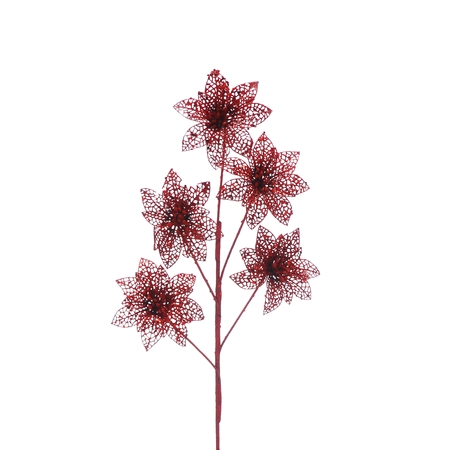 61cm 5 headed red glitter poinsettia stem