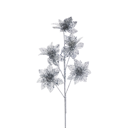 61cm 5 headed silver glitter poinsettia stem