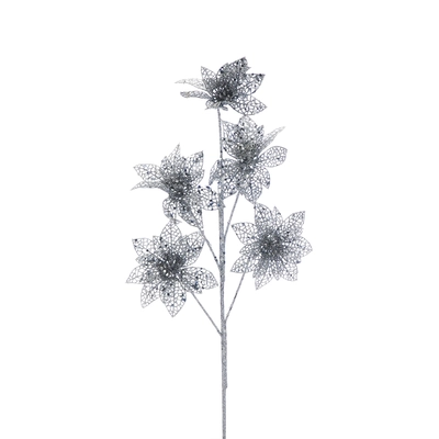 61cm 5 headed silver glitter poinsettia stem